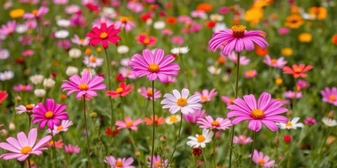 Obraz premium Vibrant cosmos flowers creating a stunning sea of pink, white, and red, summer, spring