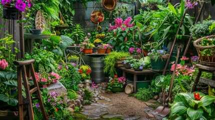 A picturesque gardening area with tools and vibrant flowers, Gardening tools arranged neatly, Rustic garden style