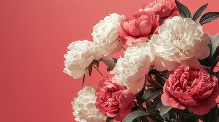 Elegant Arrangement of Pink and White Peonies on a Solid Pink Background, Perfect for Spring-Themed Designs, Floral Decorations, and Romantic Greetings, Offering Ample Space for Custom Text or Artwork