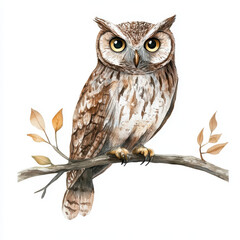Fototapeta premium detailed owl perched on branch, showcasing its striking features and natural colors. This illustration captures essence of wildlife in serene forest setting