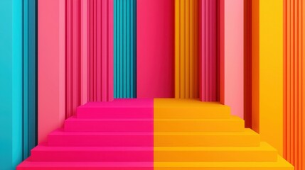 SEO relevance concept. A vibrant scene featuring colorful, layered steps in pink, orange, turquoise, and yellow, creating a dynamic and playful visual effect.