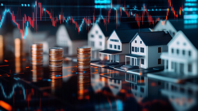 A line of model houses in ascending order with coins stacked in increasing heights beside each, symbolizing real estate market growth, with charts and graphs subtly overlayed in th