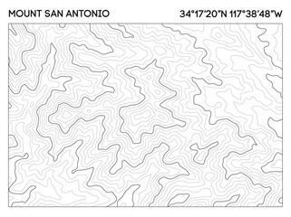 Detailed contour map of Mount San Antonio with elevation lines and geographic coordinates. Topographic map vector.