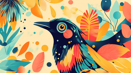 Naklejka premium Beautiful summer poster full of colour and abstract shapes, bird's face, and feathers, detailed, cohesive, harmonious illustration. Harmonious. Illustration