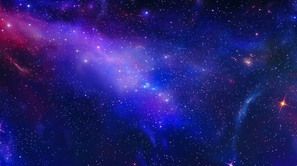 Naklejka premium Celestial Love: Abstract cosmic background with twinkling stars, hearts, and vibrant nebulae in shades of blue, purple, and red. Perfect for romantic designs, Valentine's Day cards, and cosmic-themed