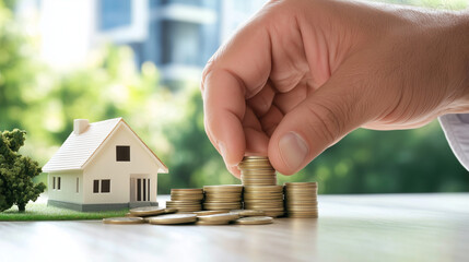 A pair of hands stacking coins next to a model house, with a cityscape visible in the distance, symbolizing careful financial growth through property investments.
