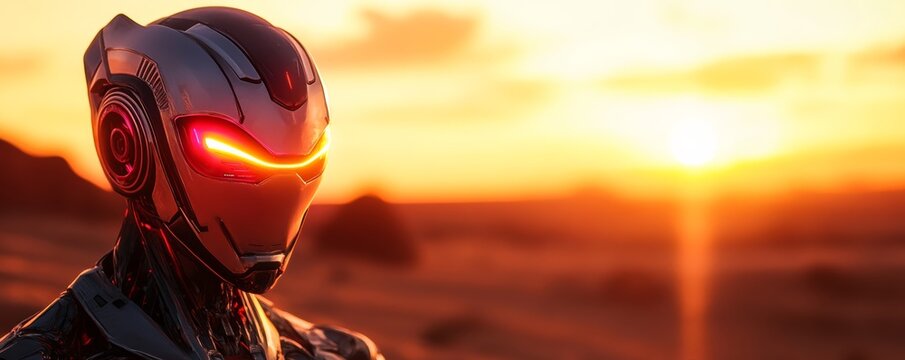 Futuristic robot exploring desert planet at sunset