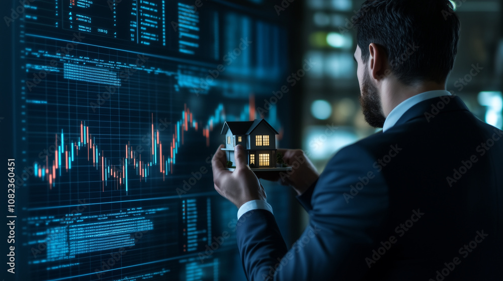 Poster a businessman standing next to a large display board with increasing graphs, holding a miniature hou