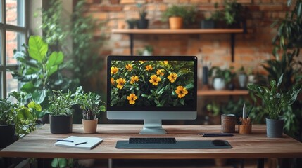 Creative workspace with green plants and a desktop monitor display. Generative AI