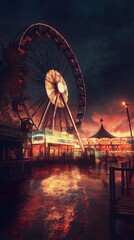 Ferris Wheel and Carousel in Rainy Night at Amusement Park