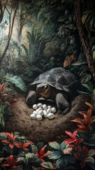 Naklejka premium Giant tortoise guarding eggs in lush jungle habitat