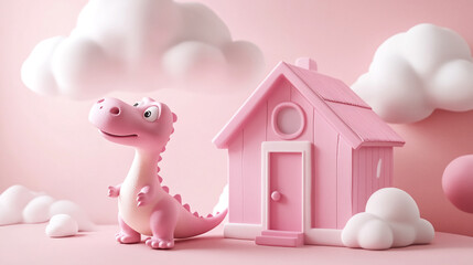 A pink dinosaur stands in front of a small pink house with white trim, surrounded by fluffy clouds against a pale pink background