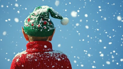 Christmas elf enjoying falling snow under blue sky