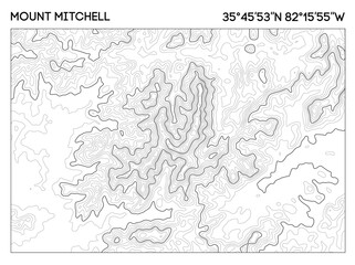 Contour map of Mount Mitchell featuring precise elevation lines and geographic coordinates. Topographic map vector.