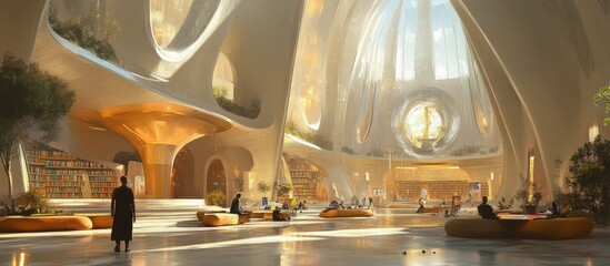 A futuristic, open-plan interior with a high ceiling and a large window overlooking a city. People are sitting and standing in the space, with a few trees growing in the center.