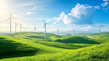 Towering Wind Turbines Scattered Across a Green Landscape with Spinning Blades Under Blue Sky Clean Energy Industry Concept