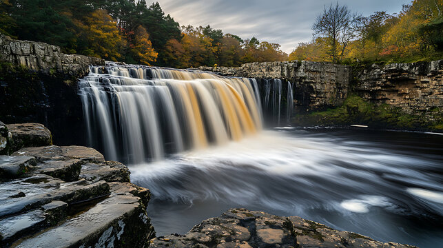 A waterfall flowing through a rocky landscape, with a photographer using long exposure techniques to create a smooth, silky effect on the water 