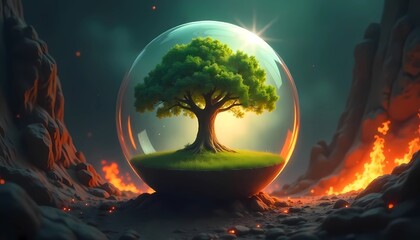 illustration of a tree growing in a glass ball with a background of environmental fire. symbol of protection for the environment