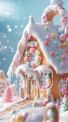 Gingerbread house covered in snow and candy under a winter sky