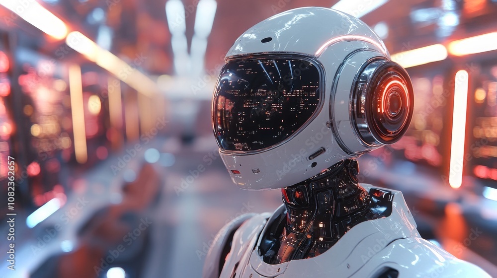 Poster futuristic humanoid android with advanced features in a high-tech environment
