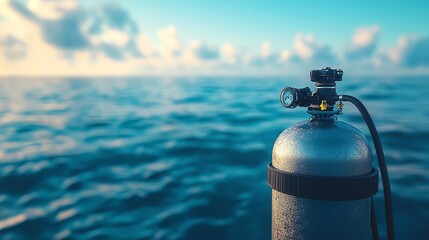 Scuba tank and regulator, ocean backdrop, 3D illustration