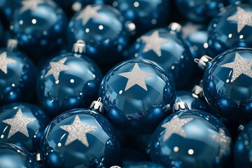 Background with pile of  blue Christmas balls and golden stars. Close-up of a pile of blue Christmas balls, different sizes, shades and textures