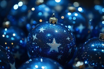 Background with pile of  blue Christmas balls and golden stars. Close-up of a pile of blue...