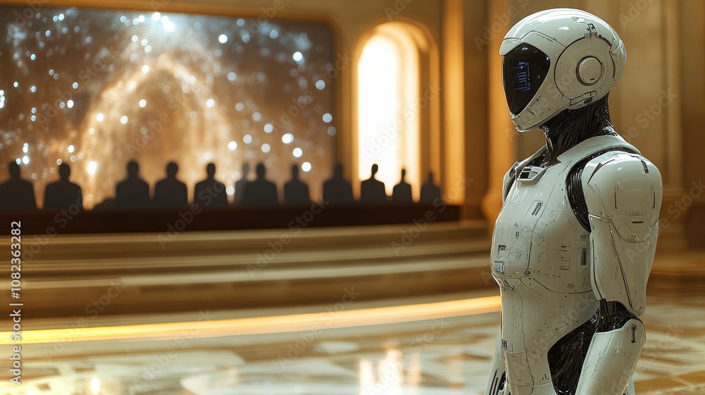 Poster an advanced android practices skills in a futuristic room with a cosmic backdrop and audience