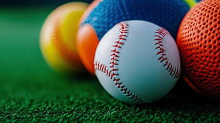 Close-up of Baseball with Blurred Background of Other Balls on Grass