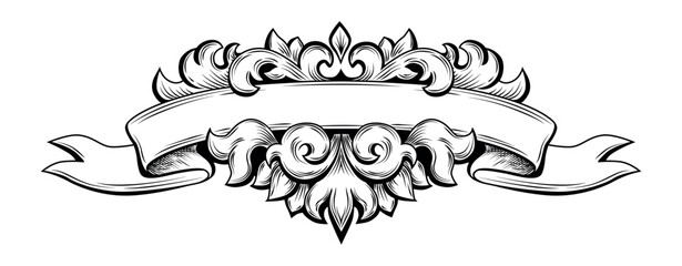 Black and White Outline Hand Drawn Retro Illustration of Ribbon Decorated with Plant Floral Ornament. Vintage Engraving. Element for Classic Heraldic Design, Mascot, Tattoo