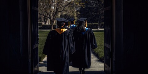 Naklejka premium Graduates Walking Towards Bright Future on Campus