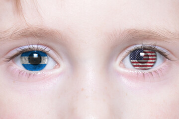 human face with national flags of honduras and united states of america in the eyes.