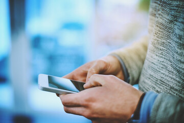 Hands, person and texting on smartphone with message notification for communication and networking. Closeup, app and online conversation on website or internet for social media, interaction and chat