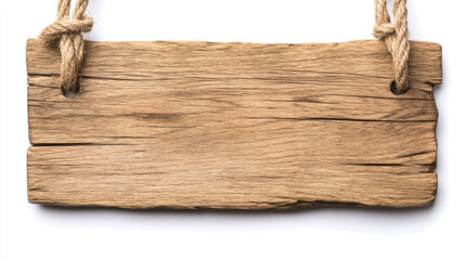 Weathered wooden signboard with rough edges, suspended by rope, perfect for rustic decor. Ideal for signage or artistic displays