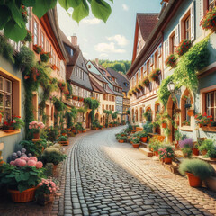 Fototapeta premium Cobblestone street lined with colorful houses and lush greenery, bathed in warm sunlight