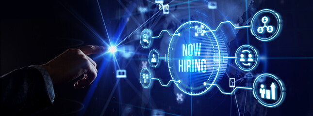Obraz premium Business, Technology, Internet and network concept. NOW HIRING inscription, modern technology business concept.