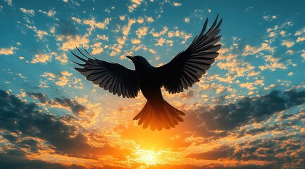 Obraz premium A silhouette of a bird in flight against a sunset sky.