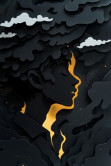 Paper-Cut Kintsugi Origami Japandi Volcano Mountain Eruption with Smoke and Clouds Silhouette
