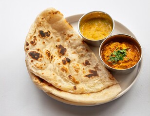 Freshly Baked Butter Garlic Naan, Lightly Brushed with Ghee and Served with a Side of Spicy Indian Curry on a Clean White Background, Ready to Enjoy