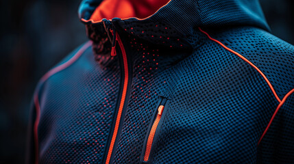 Close-Up of Modern Athletic Jacket with Textured Fabric and Bold Orange Zippers, High-Performance Activewear