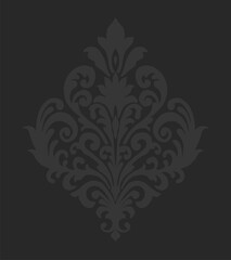 Dark damask floral pattern with intricate swirls on a black background, displaying elegant symmetrical design elements.