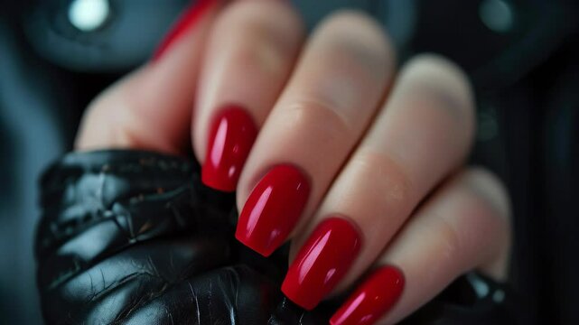 Striking red nail polish showcases bold fashion against a black leather backdrop in urban setting