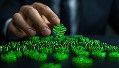 Sustainability Project Funding Business Concept. A person assembling green, textured pieces into a pyramid shape, representing creativity and strategic growth in a professional context.