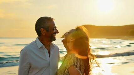 Joyful happy mature couple laugh on beach at sunset. Deep connection between elder loving people. Cute old newlyweds hold hands. Romantic love date. Beautiful newlyweds at honeymoon. Sunny vacation.
