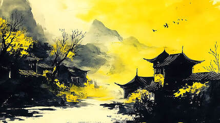 A stunning Chinese ink painting showcasing vibrant yellow and black colors.