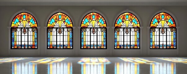 Colorful stained glass windows in an elegant interior setting.