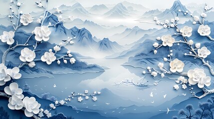 Traditional Chinese blue and white porcelain plum blossom landscape painting illustration poster background