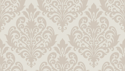 Light beige damask floral pattern with intricate swirls on a pale background for sophisticated decor. Damask seamless pattern.