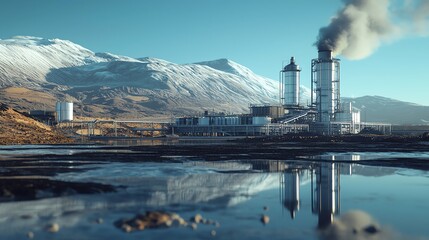 10 Geothermal energy in a volcanic area, power generation plant, 3D illustration