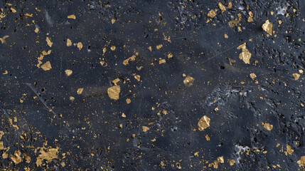 Fototapeta premium Abstract black background with strokes of gold paint.Dark shabby grunge style background with spots of gold foil, evoking a sense of luxury and mystery.